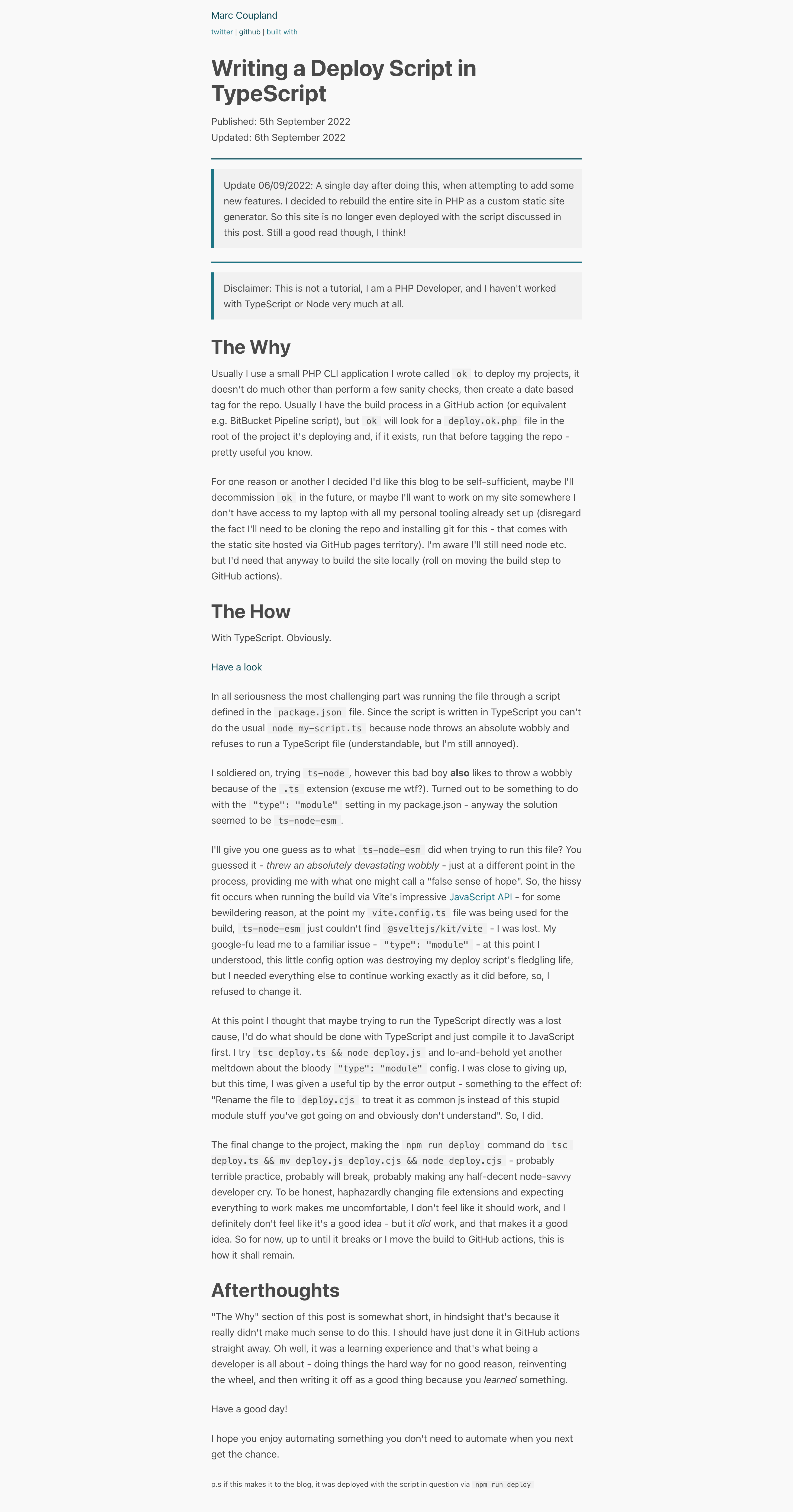 Screenshot of post "Writing a Deploy Script in TypeScript" on the original version of the site it was posted on