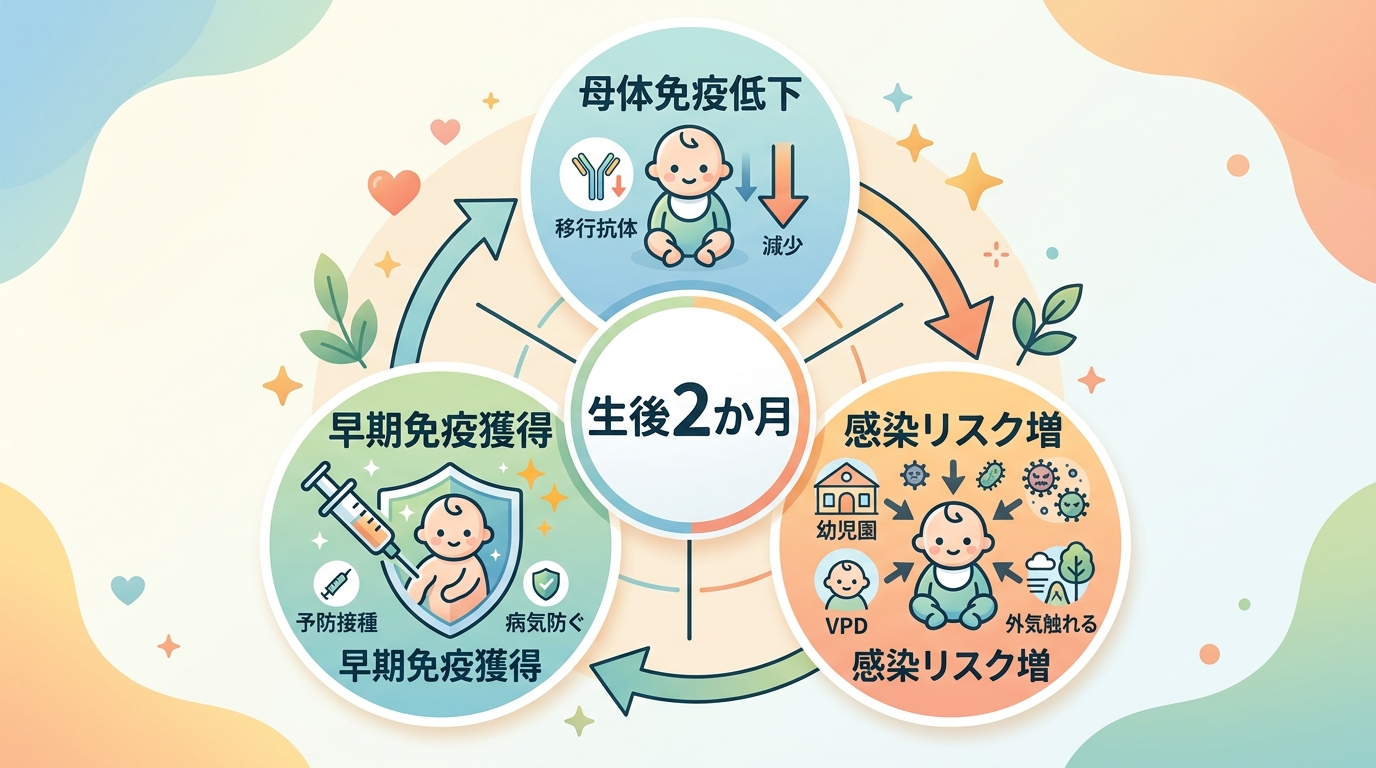 ワクチンデビューの理由を示す3つのポイント図。「母体からの免疫が低下」「感染症リスクが高まる時期」「早期に免疫をつける重要性」の3つを円形アイコンで配置し、中央...