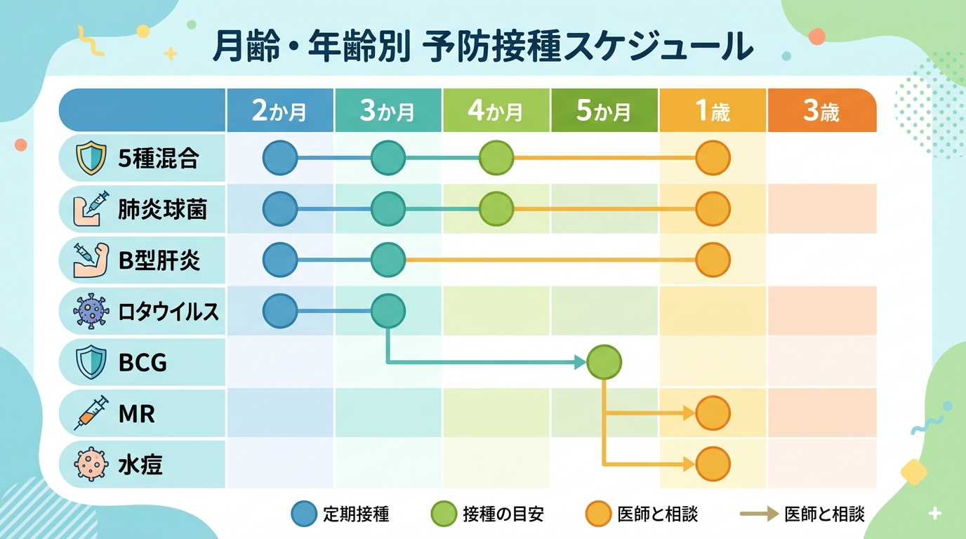 月齢別予防接種スケジュールの横型タイムライン表。横軸に「2か月」「3か月」「4か月」「5か月」「1歳」「3歳」の月齢ラベル、縦にワクチン名（5種混合・肺炎球菌・...