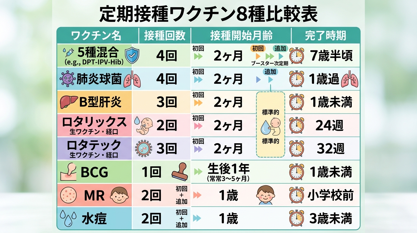 定期接種ワクチン8種類の接種回数比較表。ワクチン名（5種混合・肺炎球菌・b型肝炎・ロタリックス・ロタテック・bcg・mr・水痘）を縦に並べ、「接種回数」「接種開...