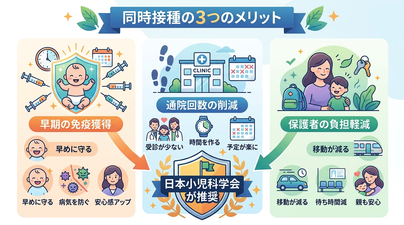 同時接種の安全性を示す3つのメリット図。「早期の免疫獲得」「通院回数の削減」「保護者の負担軽減」を3つの柱で表示し、中央に「日本小児科学会が推奨」のラベル付き盾...