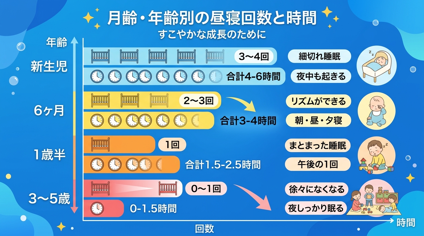 月齢・年齢別の昼寝回数と時間を縦軸に年齢（0〜5歳）、横軸に昼寝回数・時間を取ったバーチャート形式のインフォグラフィック。「新生児：3〜4回」「6ヶ月：2〜3回...