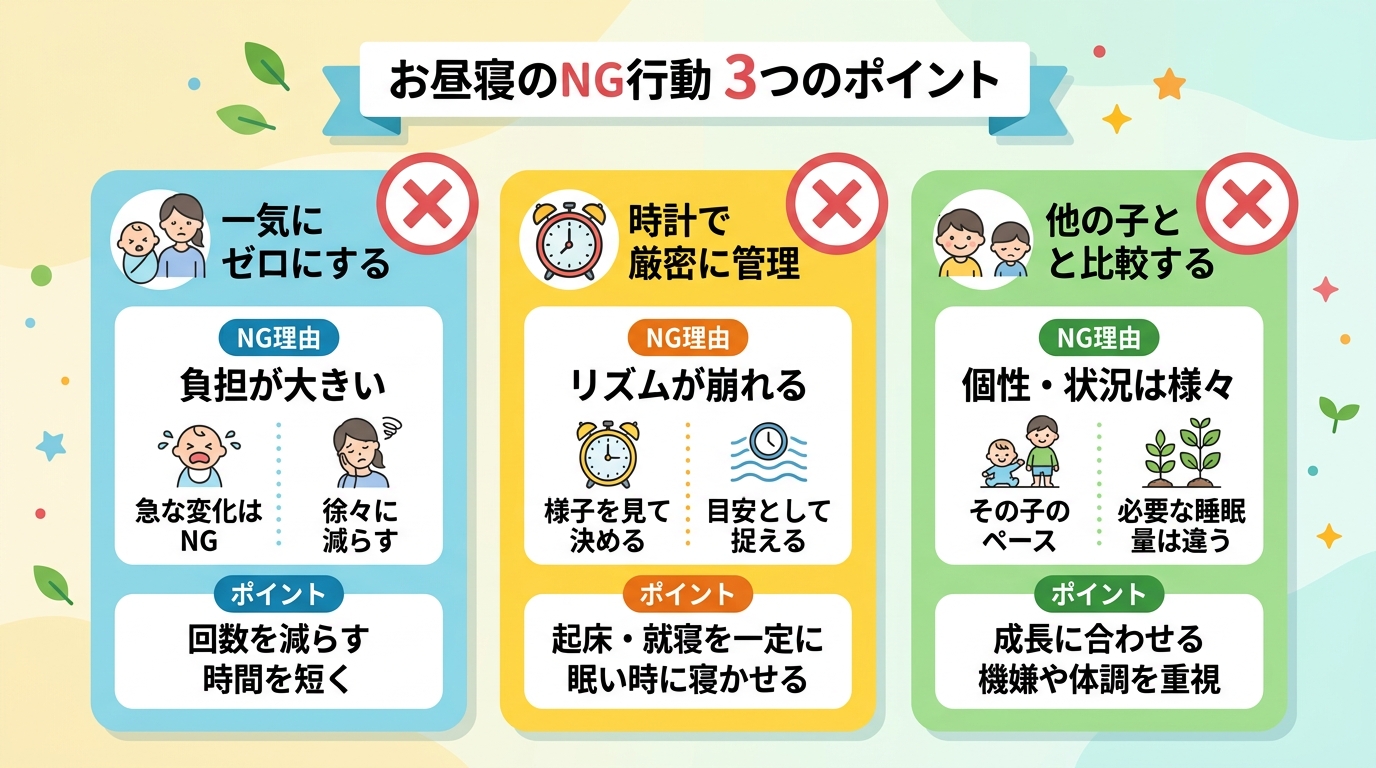 昼寝に関するng行動を3つの「バツ印」付きカードで並べたインフォグラフィック。「一気にゼロにする」「時計で厳密に管理」「他の子と比較する」の3枚を横並び配置。各...