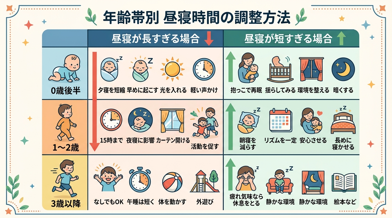 年齢帯ごとの昼寝が長すぎる場合・短すぎる場合の対処法を2列の比較表で表示したインフォグラフィック。左列「長すぎる場合」右列「短すぎる場合」の2列構成。行は「0歳...