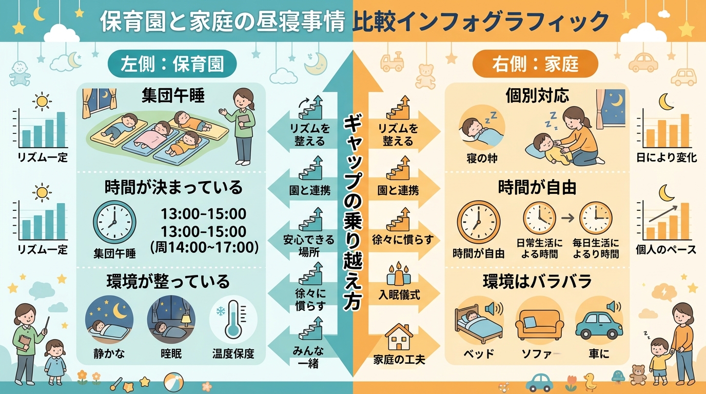 保育園と家庭の昼寝事情を左右に分けて比較したインフォグラフィック。左側「保育園」に「集団午睡・時間が決まっている・環境が整っている」、右側「家庭」に「個別対応・...