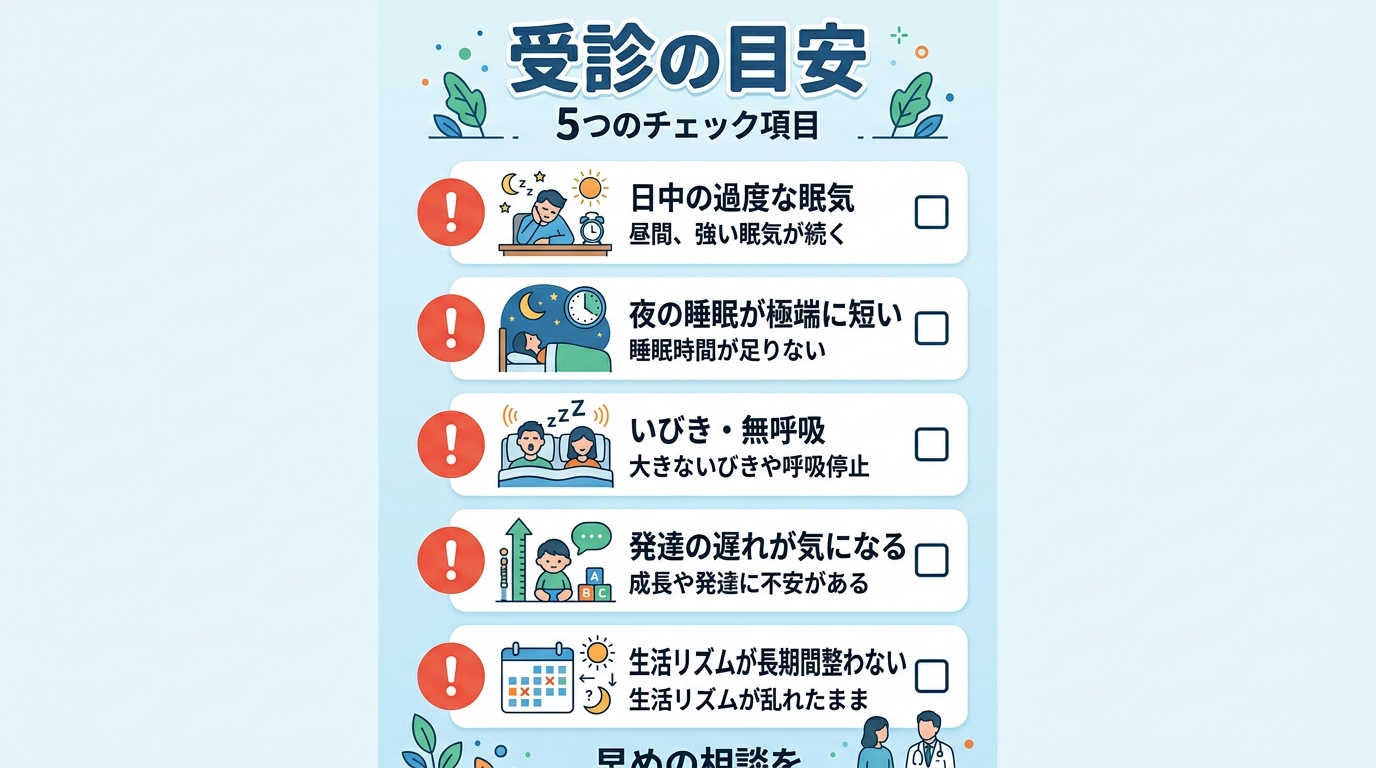 受診の目安を5つの項目で示した注意喚起インフォグラフィック。赤い「！」マーク付きで「日中の過度な眠気」「夜の睡眠が極端に短い」「いびき・無呼吸」「発達の遅れが気...