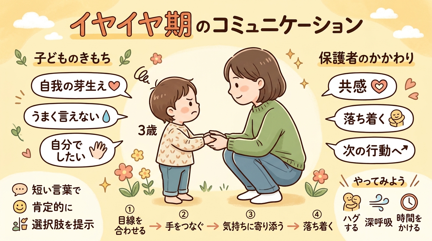 イヤイヤ期の特徴を示すフロー図。「自己主張の芽生え」→「言葉でうまく表現できない」→「感情が爆発」の3つのステップを矢印でつなぐ。各ステップに日本語の説明ラベル
