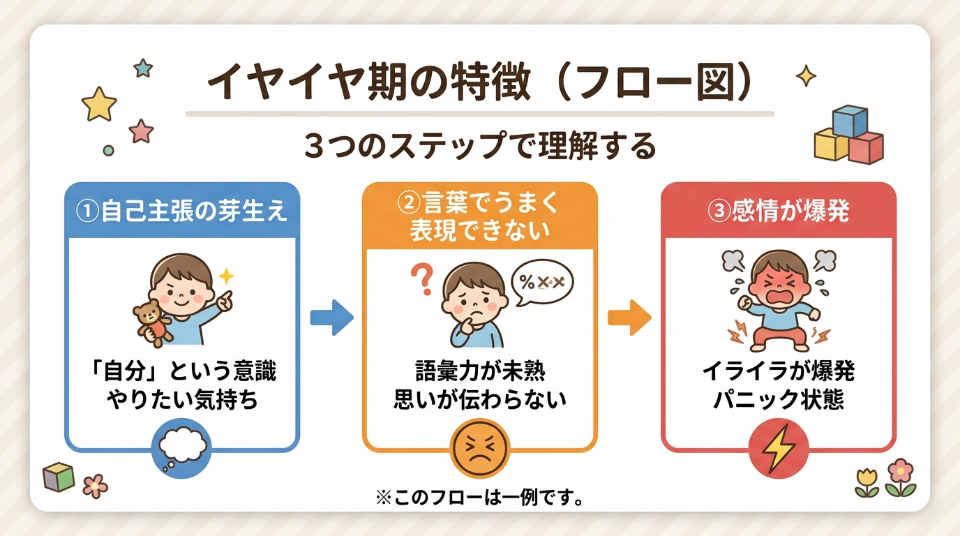 1歳半〜3歳のイヤイヤ期月齢別タイムライン。横軸に月齢、縦軸に特徴の強さを表す曲線。「1歳半〜2歳：芽生え」「2歳〜2歳半：ピーク」「2歳半〜3歳：落ち着き」の