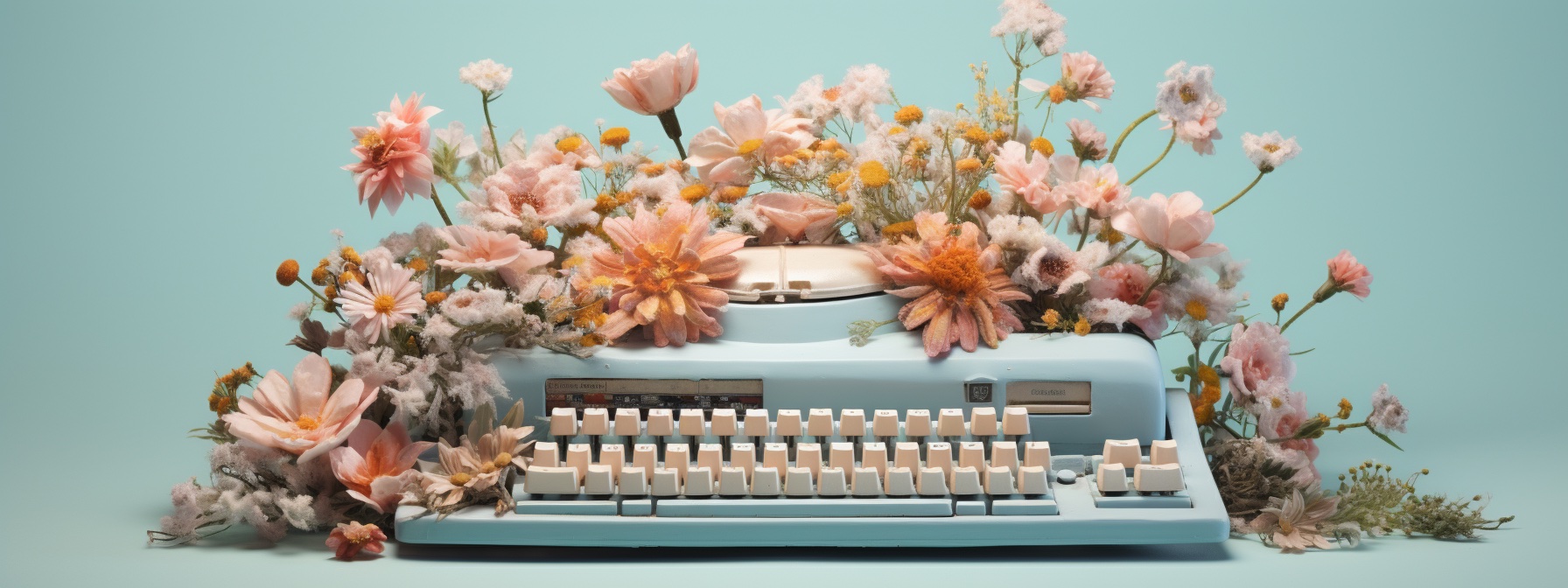 mechanical keyboard with flowers growing out of it, pastel --ar 24:9